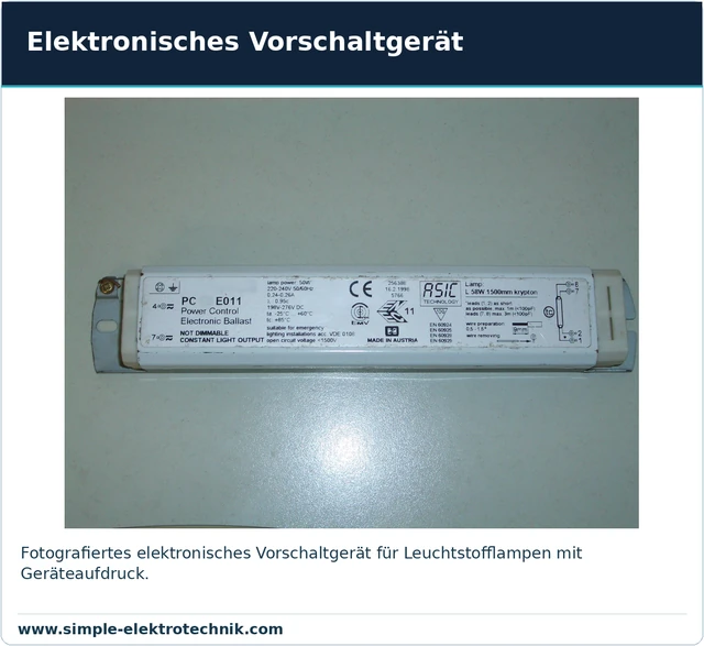 Elektronisches Vorschaltgerät Beschriftetes elektronisches Vorschaltgerät als nicht dimmbares Gerätebeispiel.