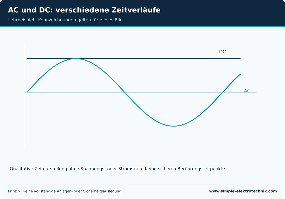 AC und DC: verschiedene Zeitverläufe Qualitative Darstellung ohne Zahlenmaßstab.