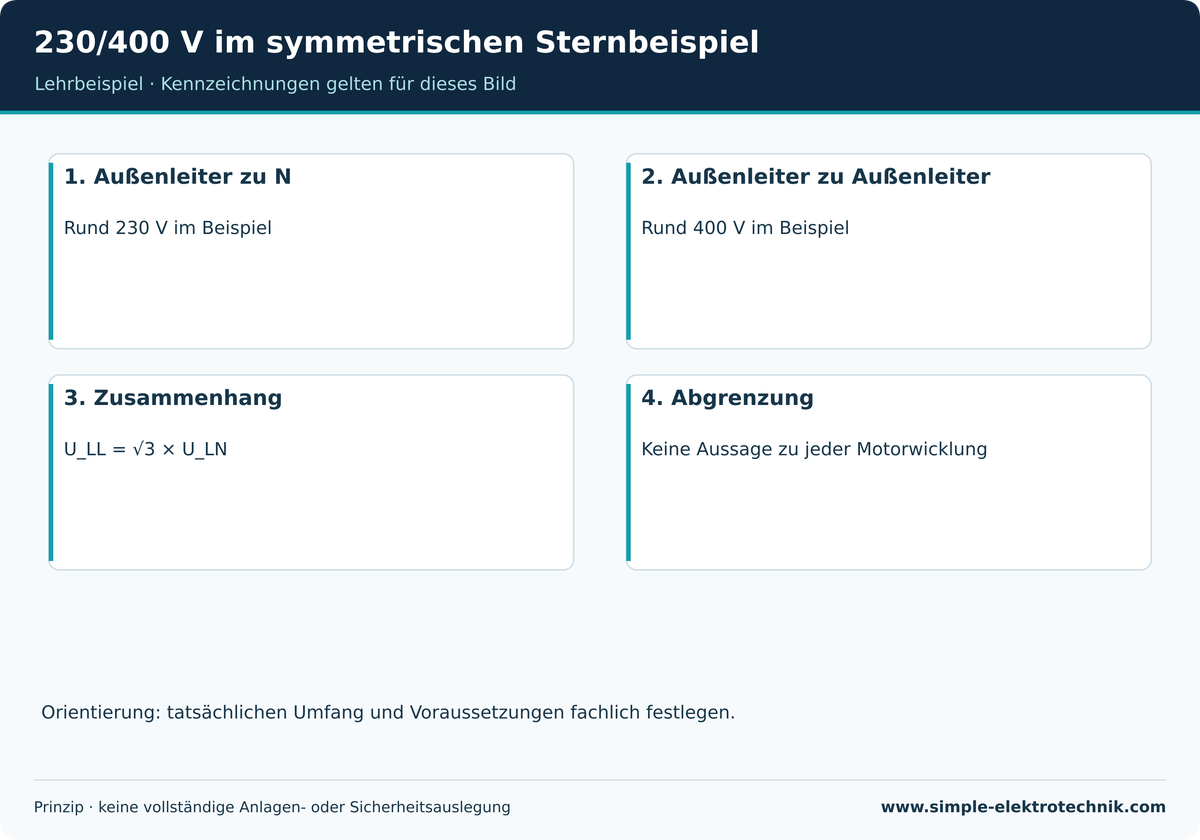 230/400 V im symmetrischen Sternbeispiel Benanntes symmetrisches Versorgungsbeispiel, keine universelle Netzangabe.