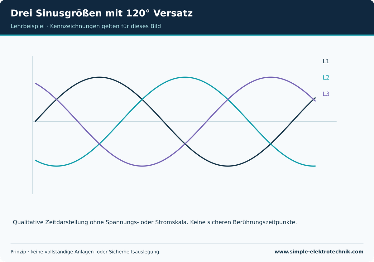Drei Sinusgrößen mit 120° Versatz Qualitative symmetrische Phasendarstellung ohne Messwerte.