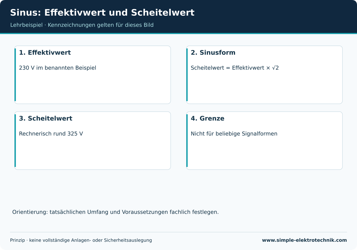 Sinus: Effektivwert und Scheitelwert 230 V RMS ergeben bei Sinusform rund 325 V Spitze.