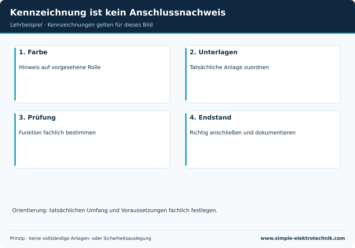 Kennzeichnung ist kein Anschlussnachweis Farbe, Funktion und korrekter Anschluss sind getrennte Prüffragen.