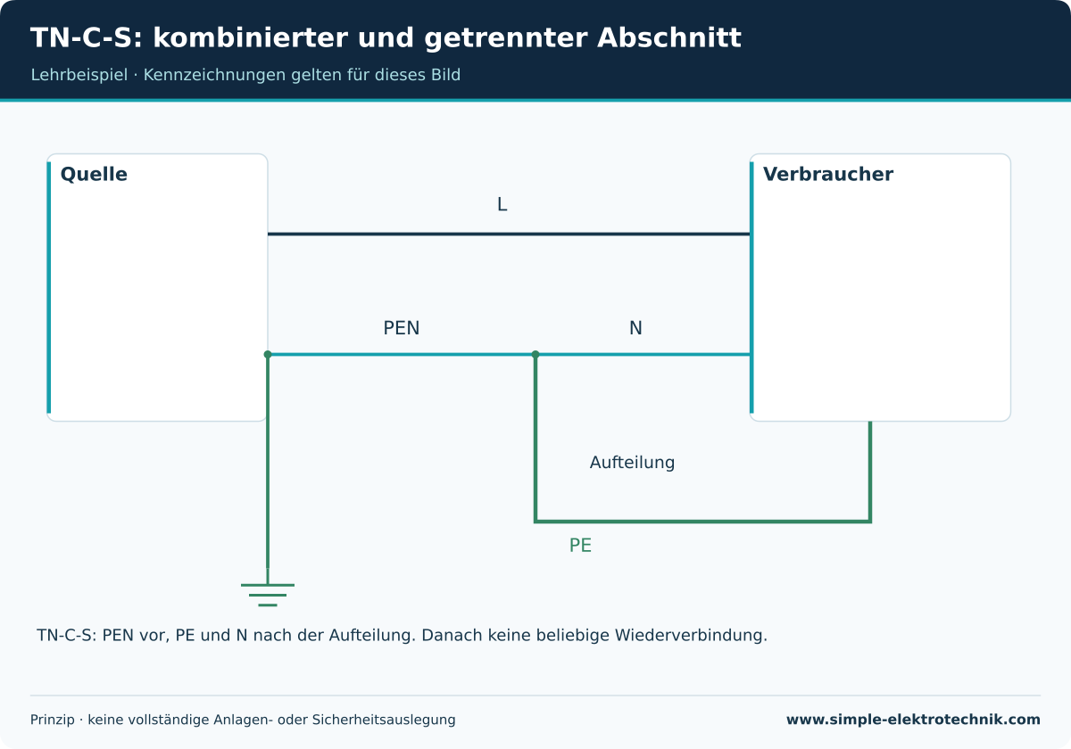 TN-C-S: kombinierter und getrennter Abschnitt Vereinfachtes TNCS-Funktionsbild; nicht alle Leiter und Schutzorgane dargestellt.