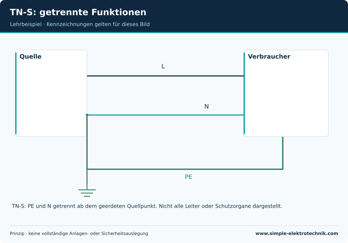 TN-S: getrennte Funktionen Vereinfachtes TNS-Funktionsbild; nicht alle Leiter und Schutzorgane dargestellt.