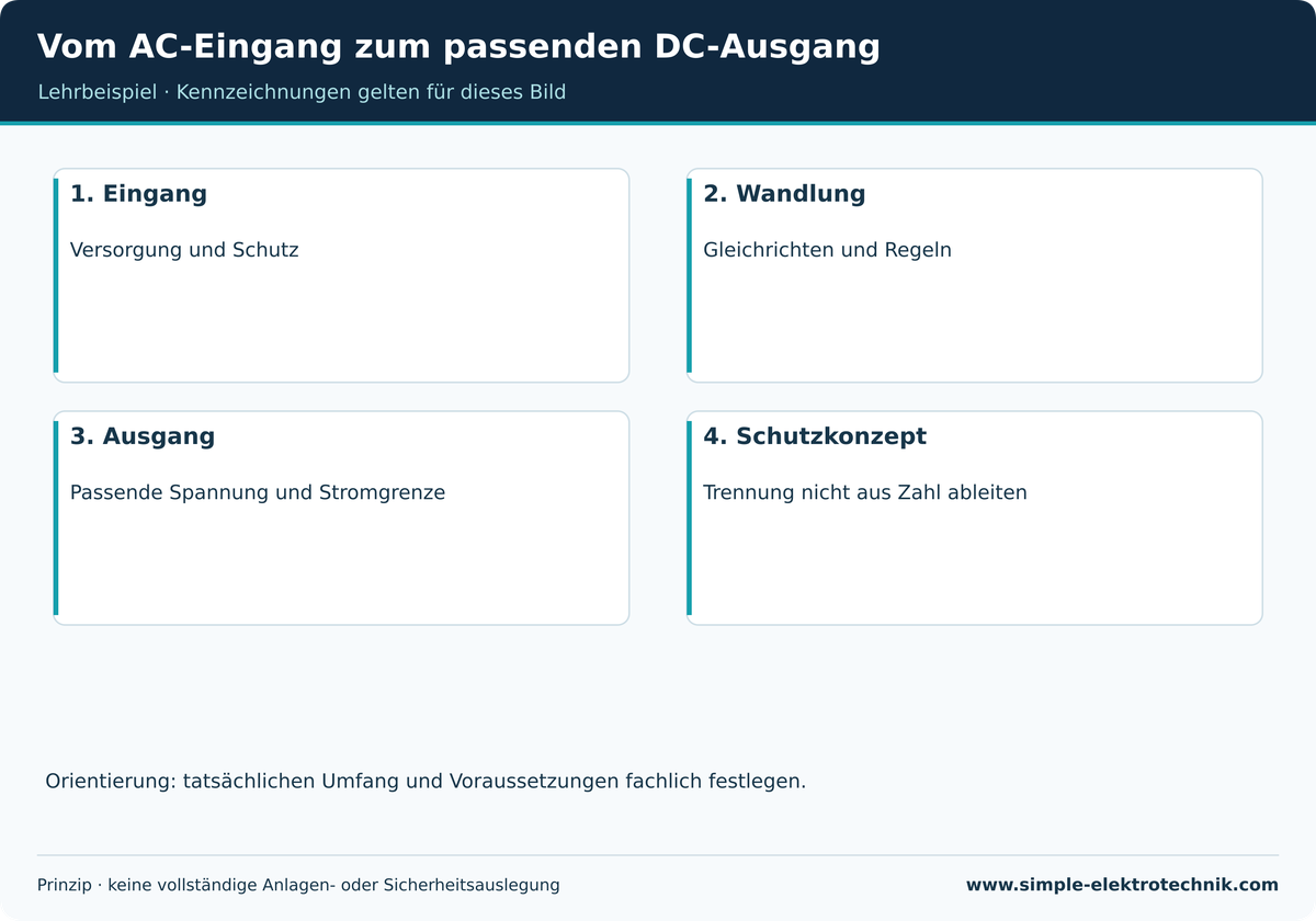 Vom AC-Eingang zum passenden DC-Ausgang Funktionsübersicht, kein vollständiger Netzteil-Schaltplan.