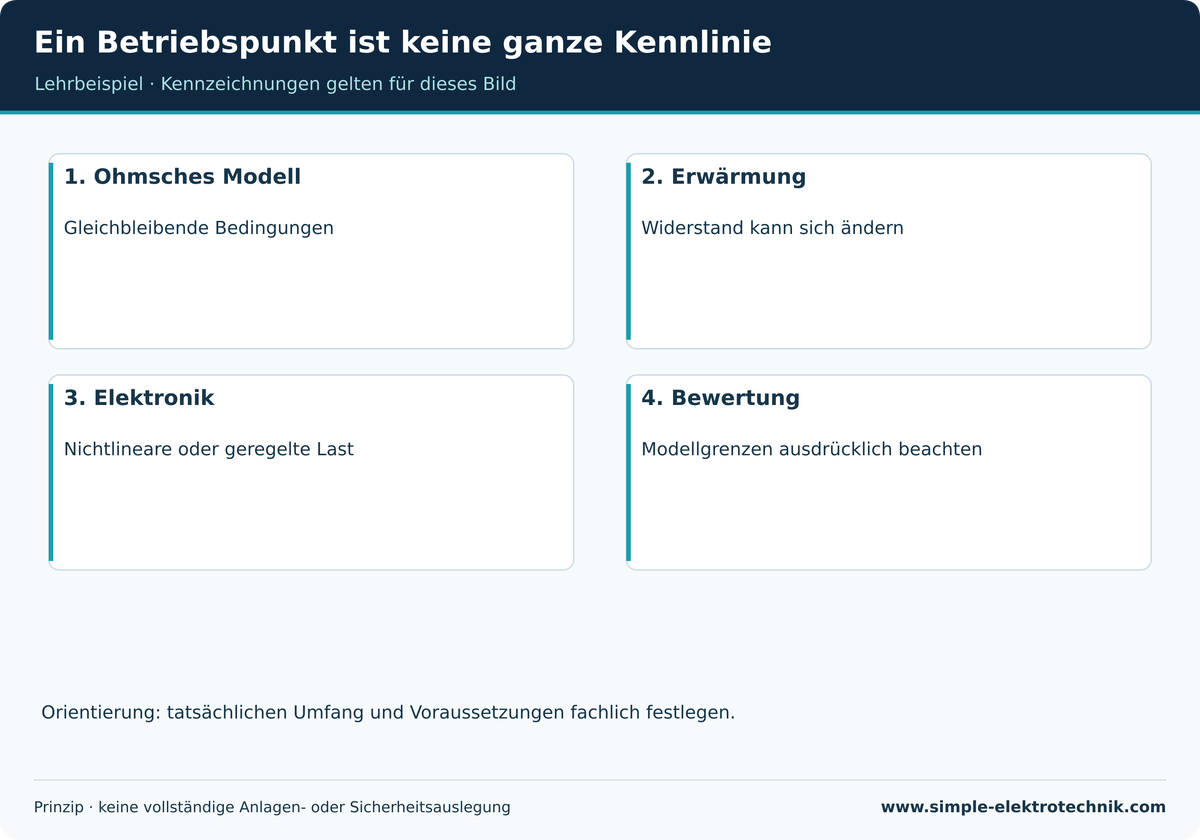 Ein Betriebspunkt ist keine ganze Kennlinie Ohmsches Modell, Erwärmung und geregelte Elektronik getrennt betrachten.