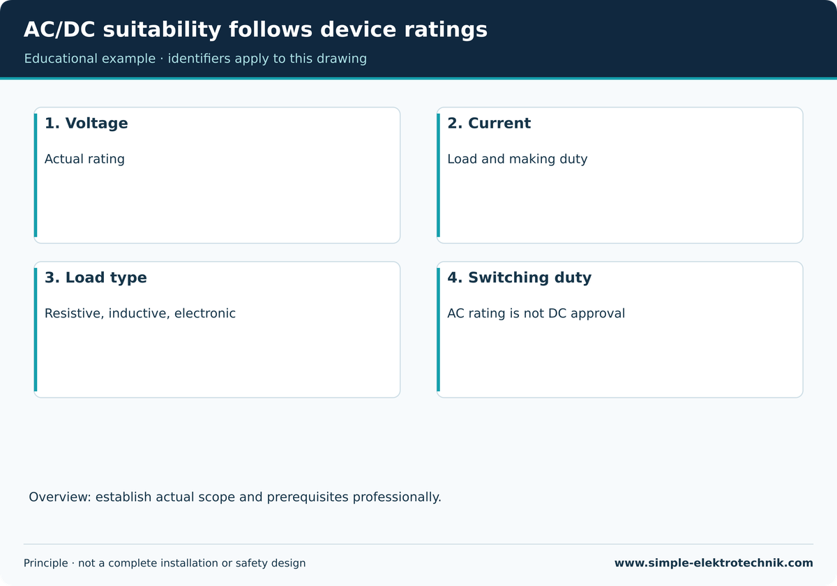 AC/DC suitability follows device ratings Switching duty and rating belong together.