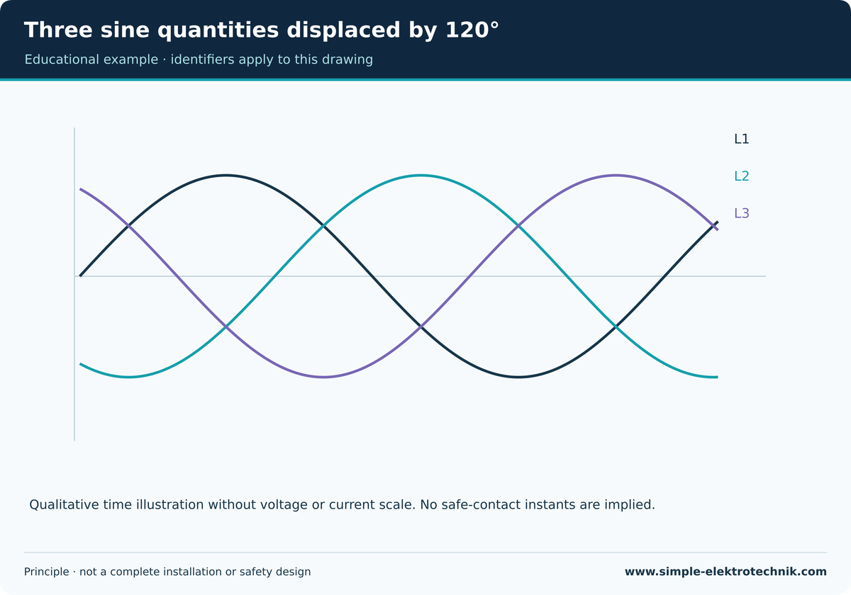 Three sine quantities displaced by 120° Qualitative balanced phase illustration without readings.