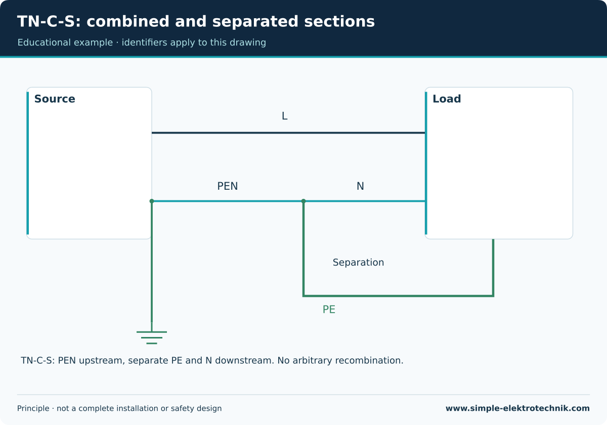 TN-C-S: combined and separated sections Simplified TNCS functional view; not all conductors and protective devices are shown.