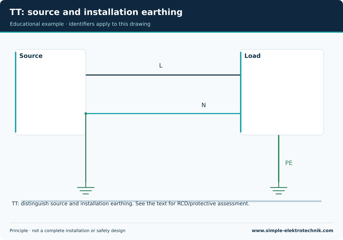 TT: source and installation earthing Simplified TT functional view; not all conductors and protective devices are shown.