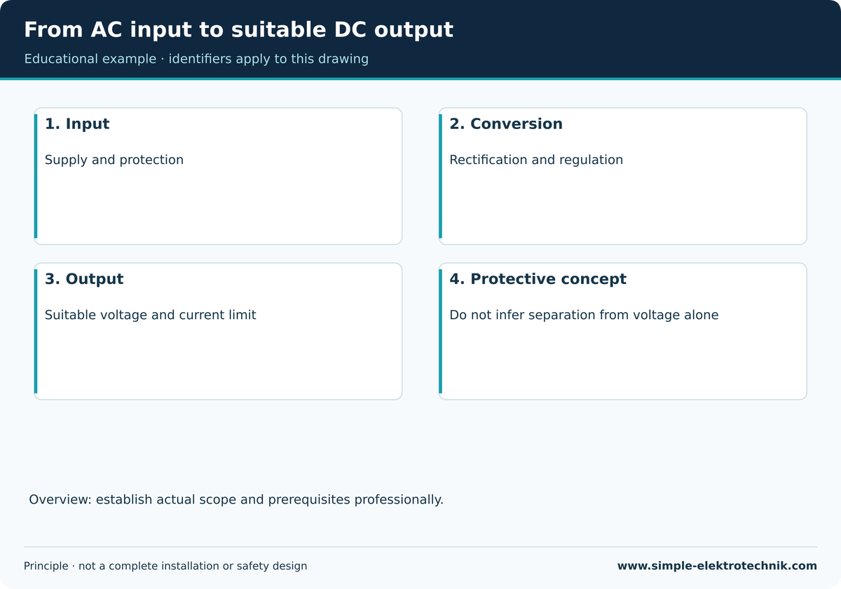 From AC input to suitable DC output Functional overview, not a complete power-supply schematic.