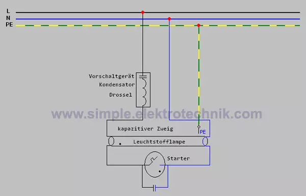 schaltung kapazitive einzelschaltung leuchtstofflampe simple elektrotechnik