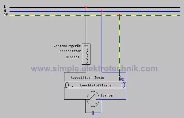 circuit diagram of a capacitive single circuit for fluorescent lamps