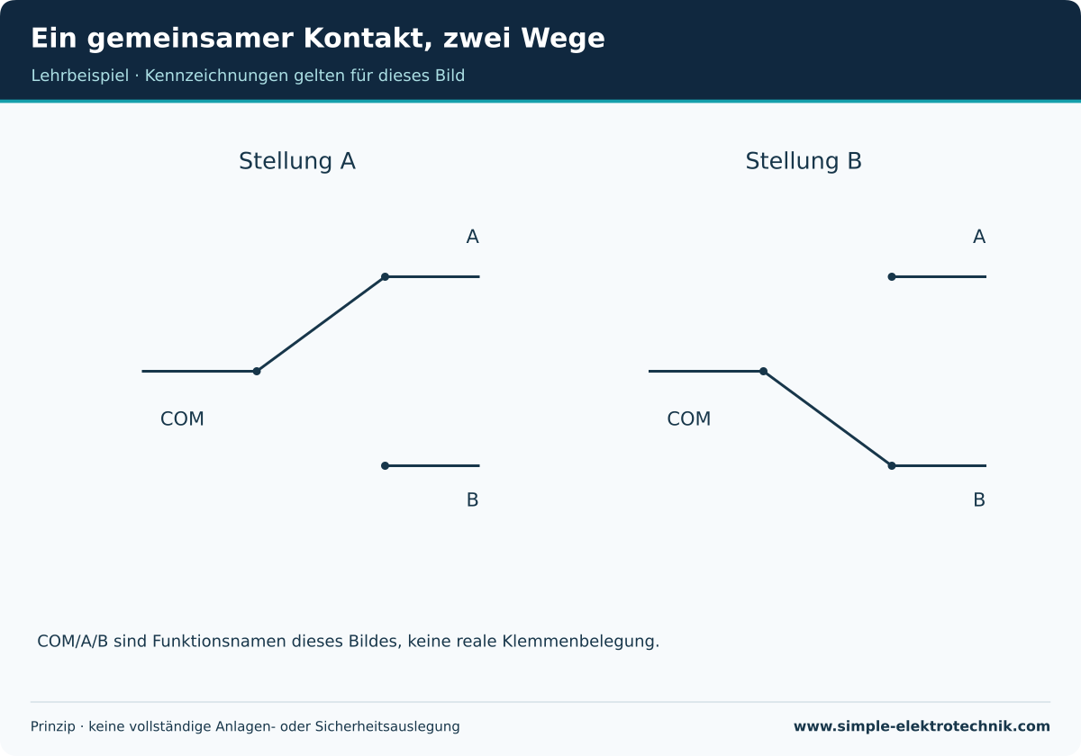 Ein Wechsler verbindet COM mit einem von zwei Kontakten.