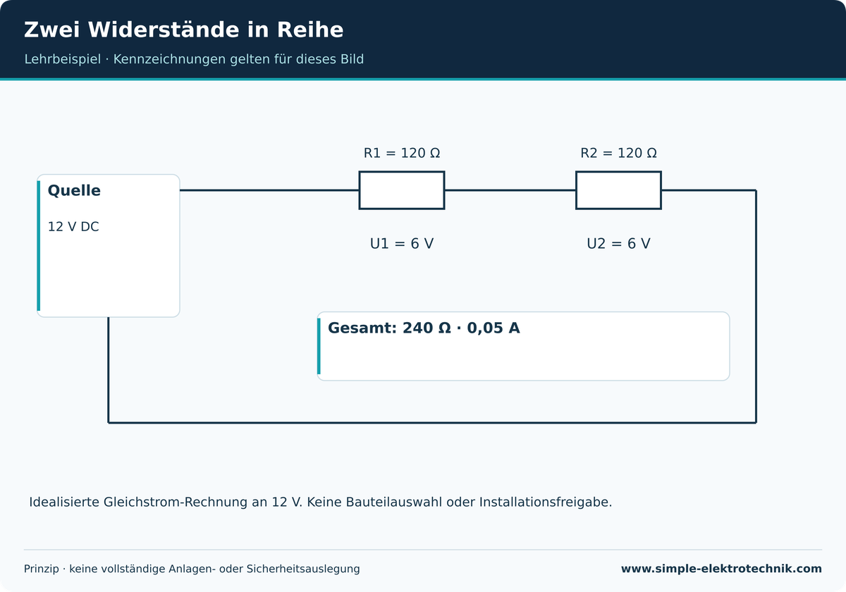 2 × 120 Ω in Reihe an 12 V: 240 Ω, 0,05 A, je 6 V.