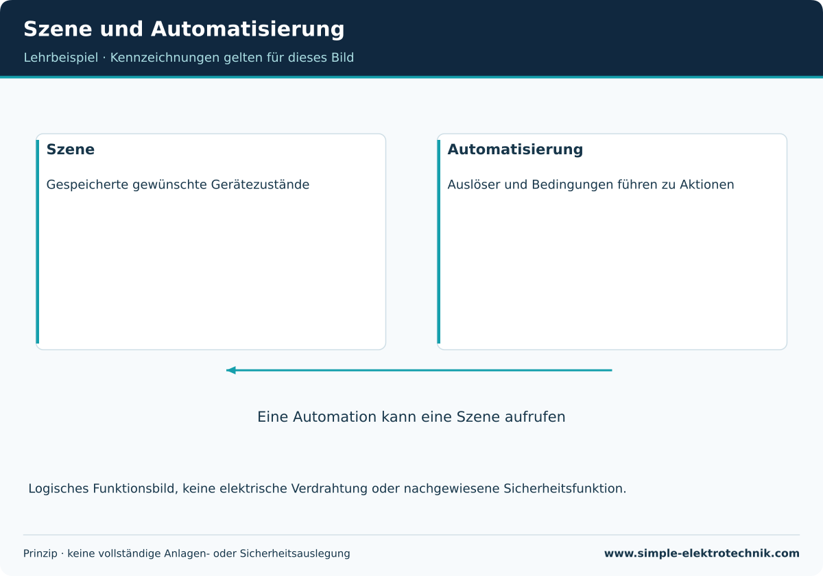 Eine Szene legt Zustände fest; eine Automation entscheidet über Aktionen.