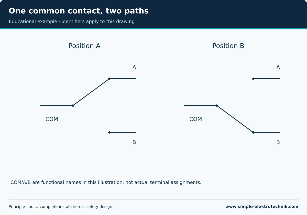 One common contact, two paths A changeover connects COM to one of two contacts.