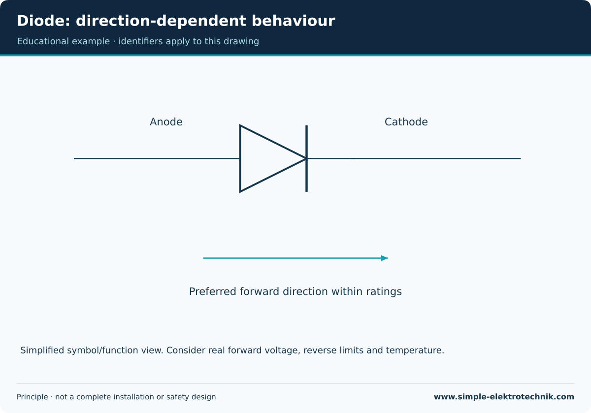 Diode: direction-dependent behaviour Simplified diode principle without a real curve or fixed forward voltage.