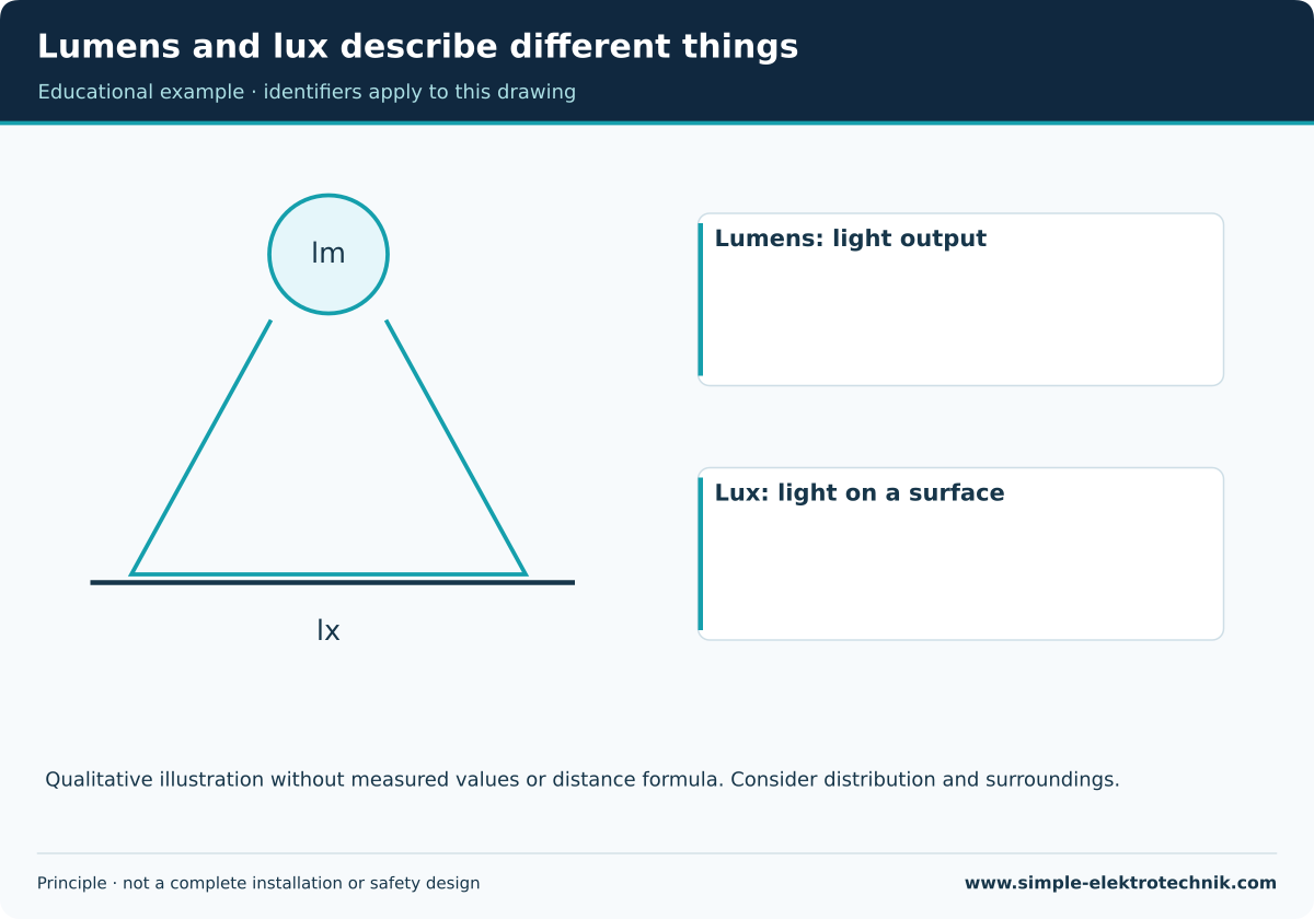Lumens and lux describe different things Distinguish light emitted from light incident on a surface.