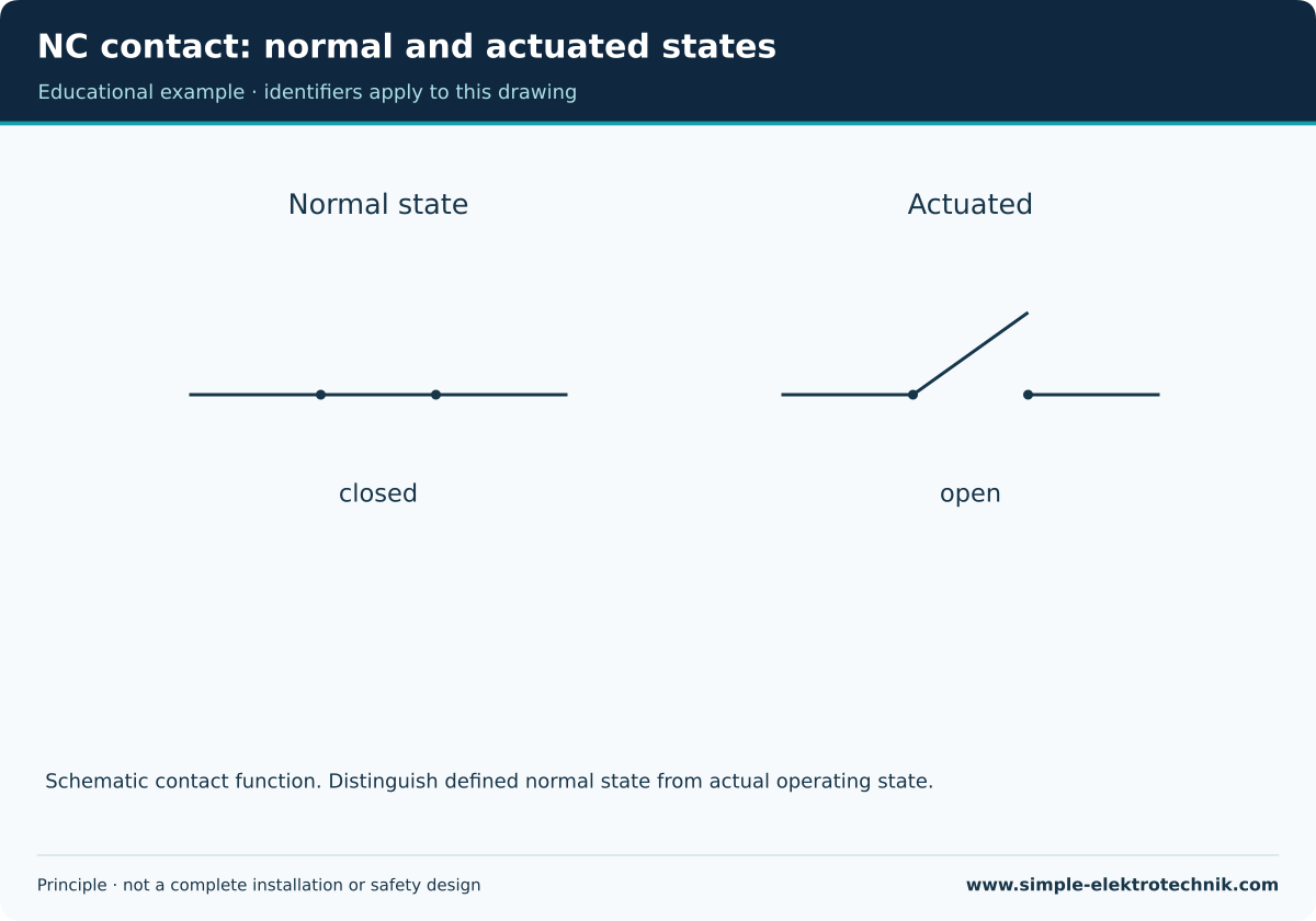 NC contact: normal and actuated states Schematic NC contact: closed normally, open when actuated.