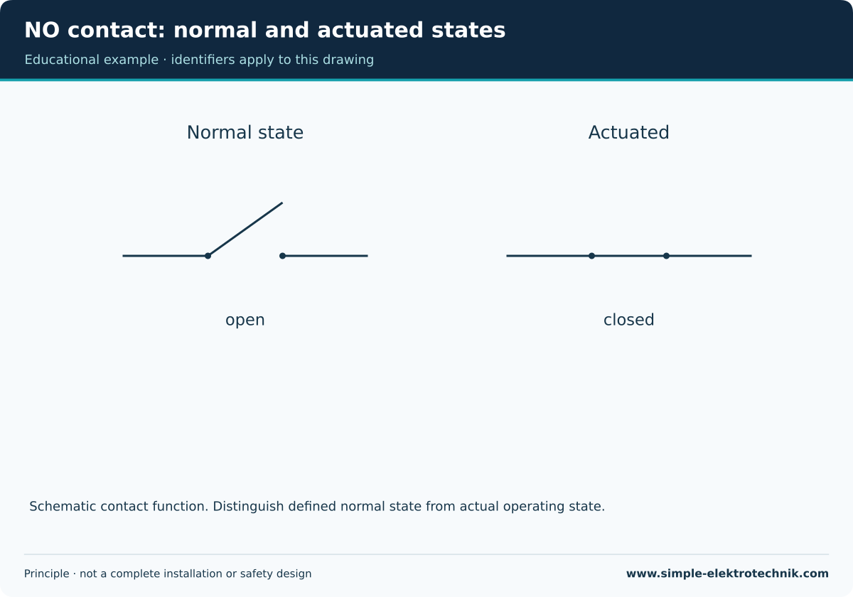 NO contact: normal and actuated states Schematic NO contact: open normally, closed when actuated.