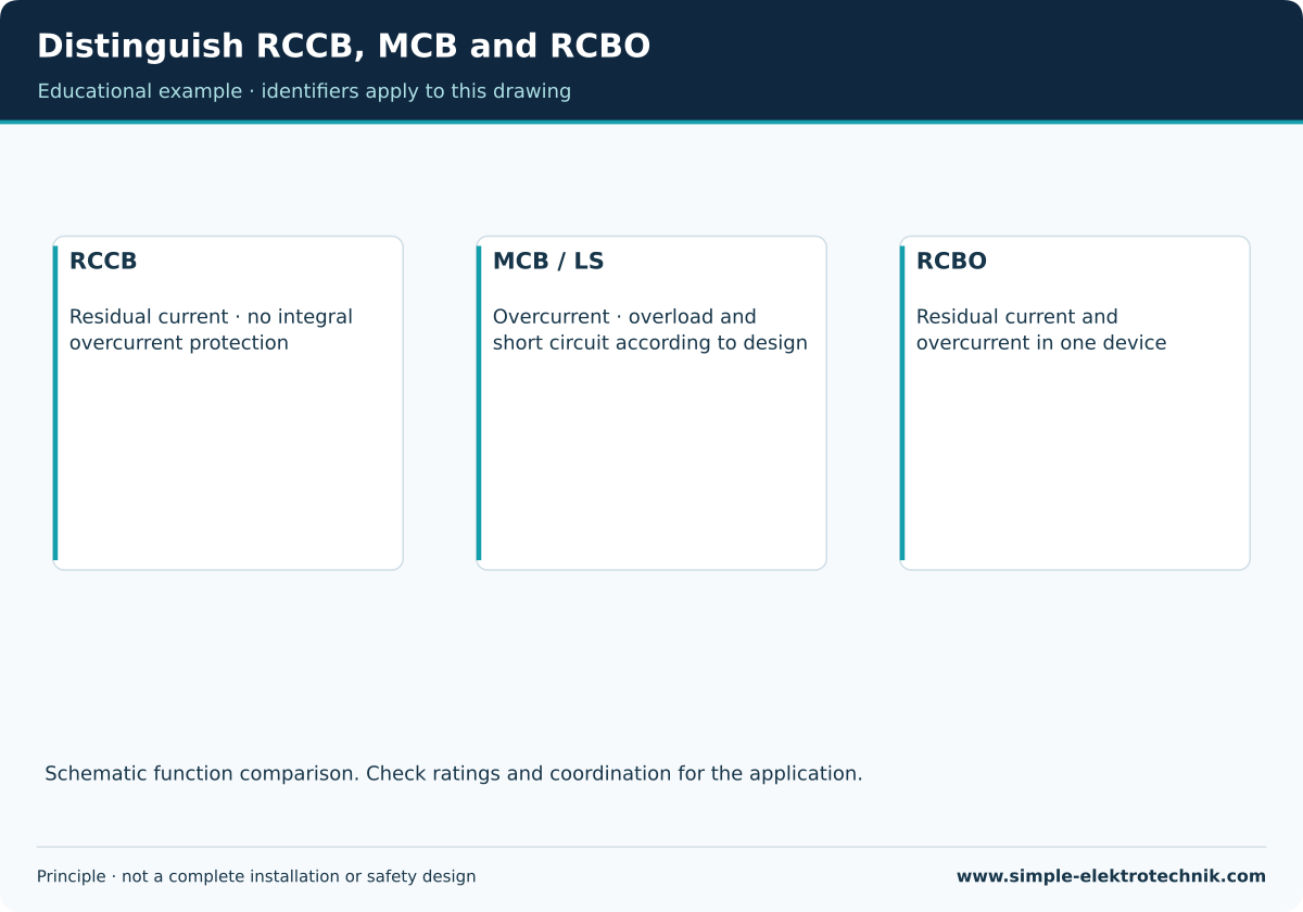 Distinguish RCCB, MCB and RCBO Function comparison, not selection of actual ratings.