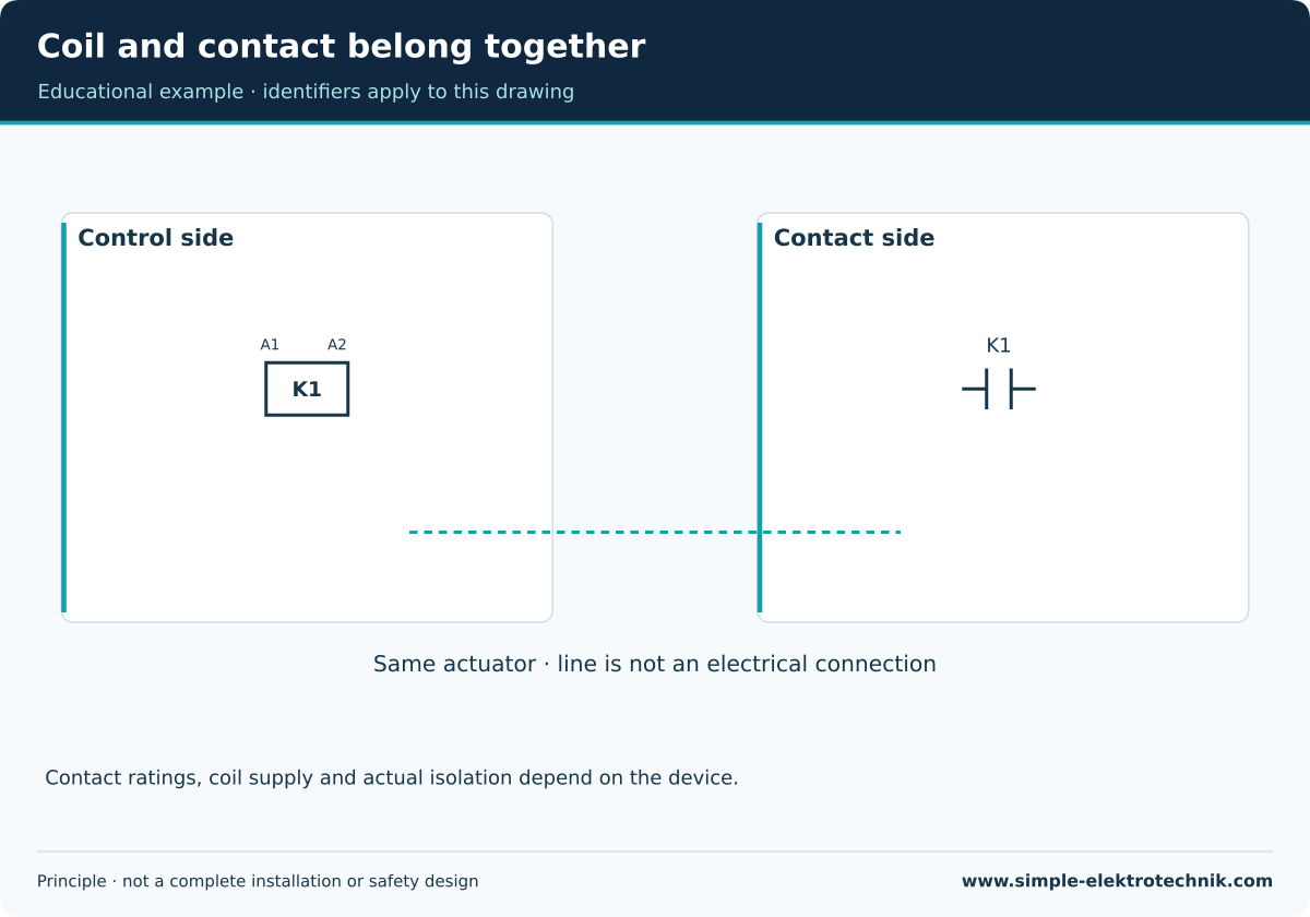 Coil and contact belong together Relay principle: shared actuation, separately drawn functions.