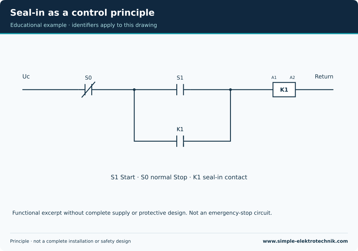 Seal-in as a control principle Start and holding contacts in parallel, ordinary stop path upstream.