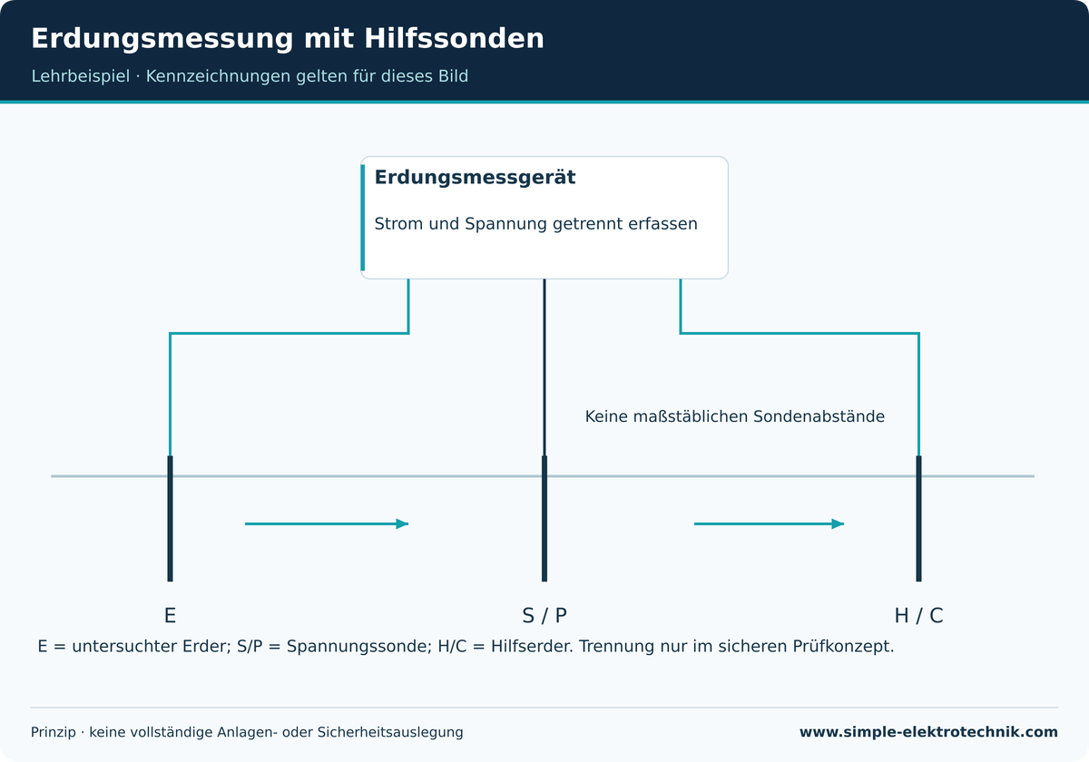 Erdungsmessung mit Hilfssonden E, S/P und H/C zeigen Funktionen, keine festen Abstände oder universellen Gerätebuchsen.
