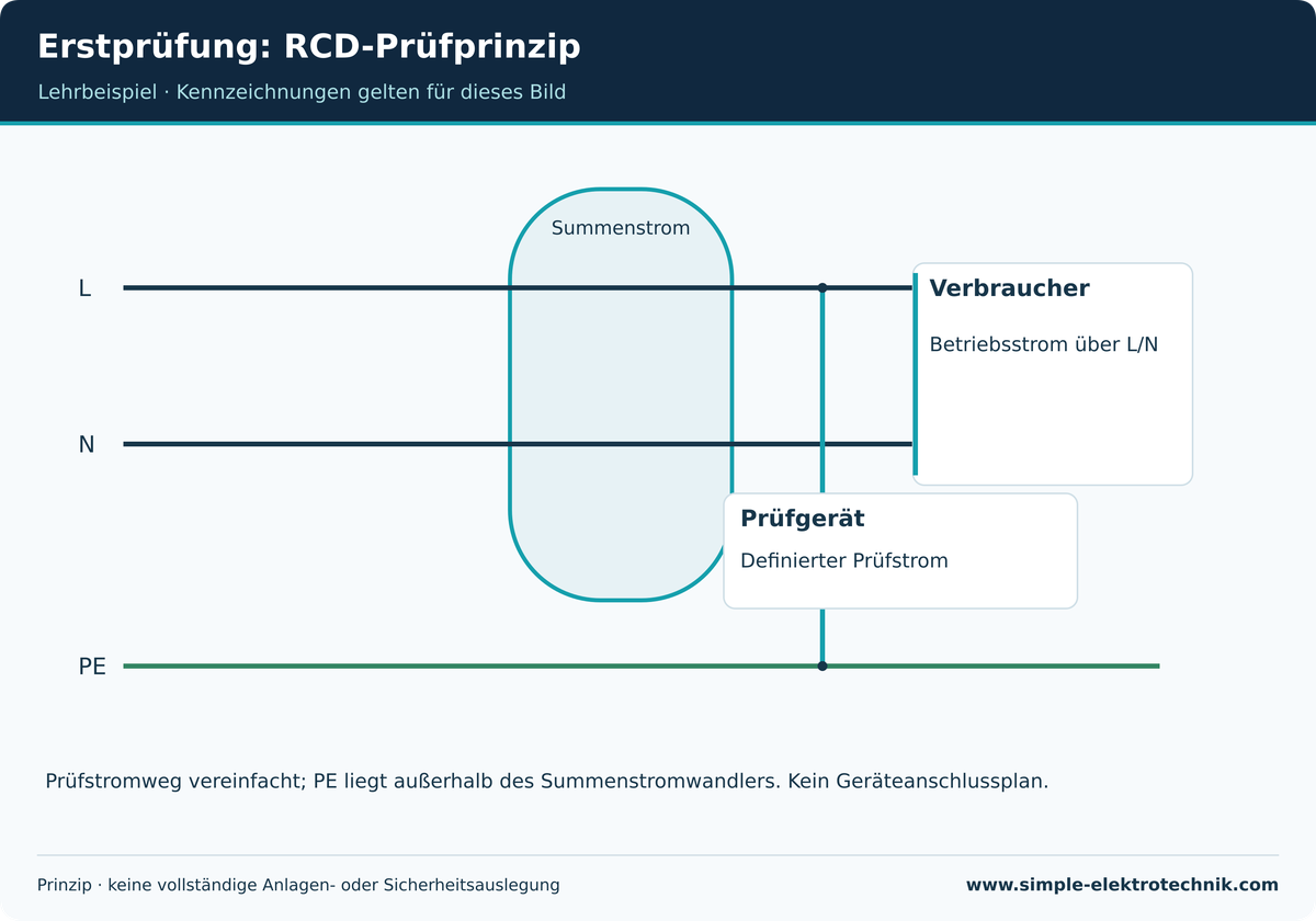 Lehrdarstellung: Erstprüfung: RCD-Prüfprinzip. Grenzen und Voraussetzungen im zugehörigen Text beachten.