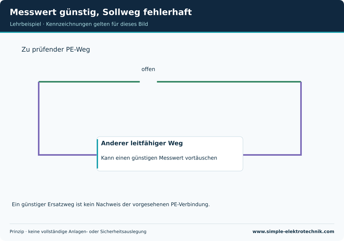 Messwert günstig, Sollweg fehlerhaft Parallele leitfähige Wege können die Interpretation einer Niederohmmessung verändern.