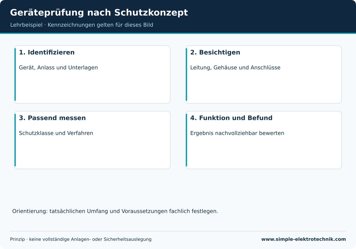 Geräteprüfung nach Schutzkonzept Geräteprüfung ist ein eigener Prüfbereich; keine universelle Ablauf- oder Grenzwerttabelle.