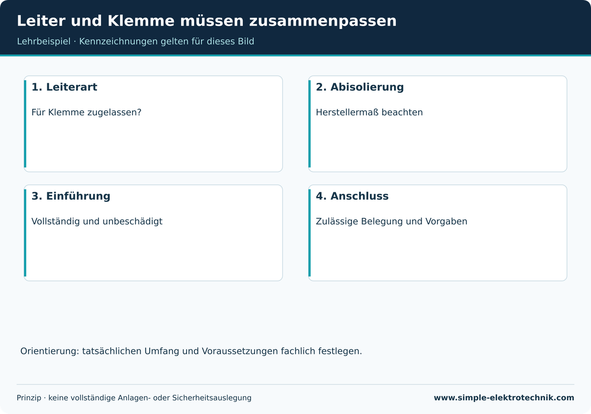 Leiter und Klemme müssen zusammenpassen Keine universelle Abisolierlänge; Klemmen- und Leiterangaben sind entscheidend.