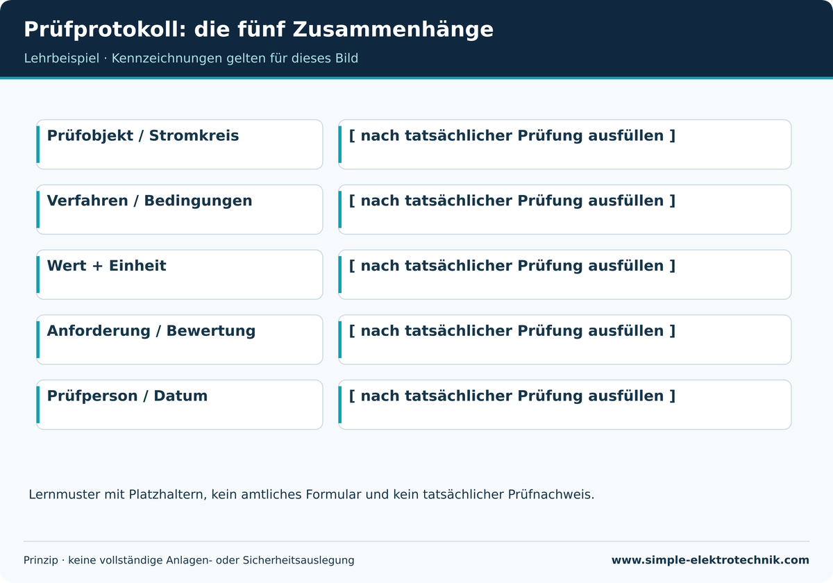 Prüfprotokoll: die fünf Zusammenhänge Leeres Lehrmuster: Felder bleiben Platzhalter und stellen keine echten Messungen dar.