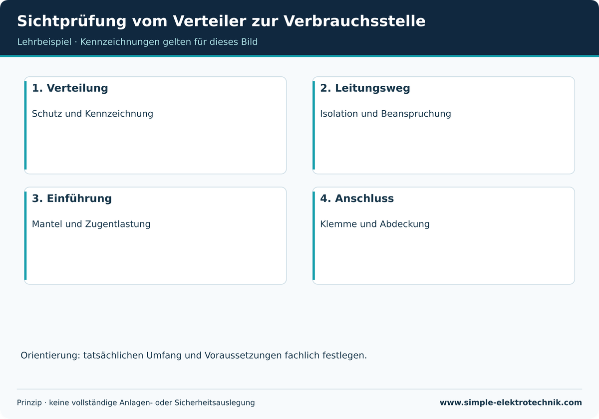 Sichtprüfung vom Verteiler zur Verbrauchsstelle Prüfbereiche systematisch betrachten; die Zeichnung ist kein Abnahmefoto.