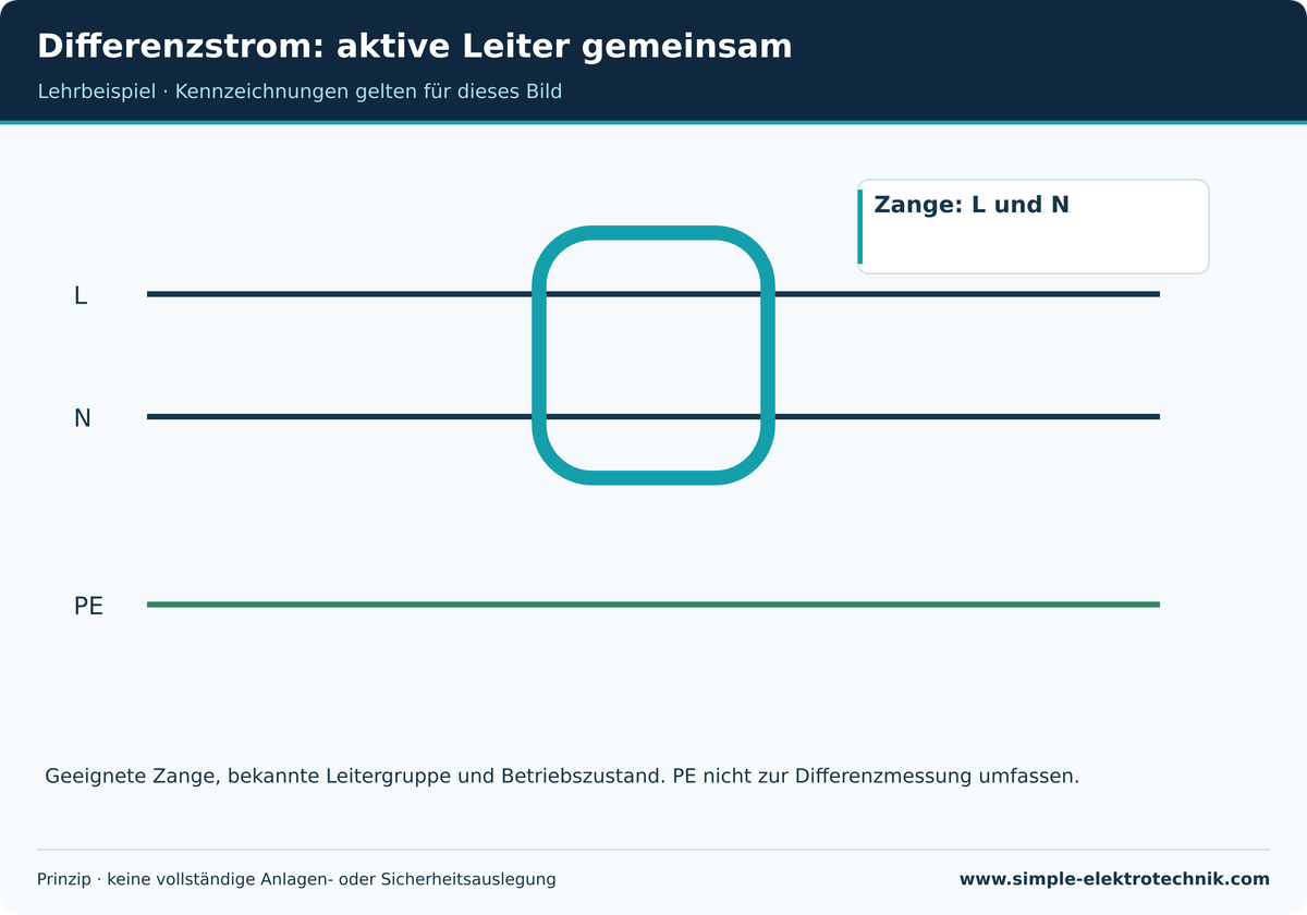 Differenzstrom: aktive Leiter gemeinsam Einphasiges Prinzip: L und N gemeinsam, PE außerhalb; weitere Rückwege berücksichtigen.