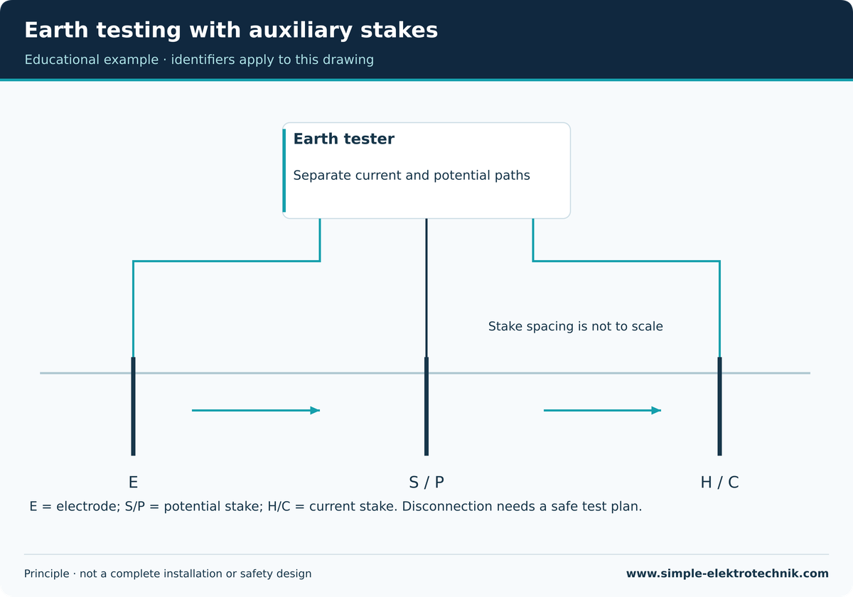 Earth testing with auxiliary stakes E, S/P and H/C identify functions, not fixed distances or universal sockets.