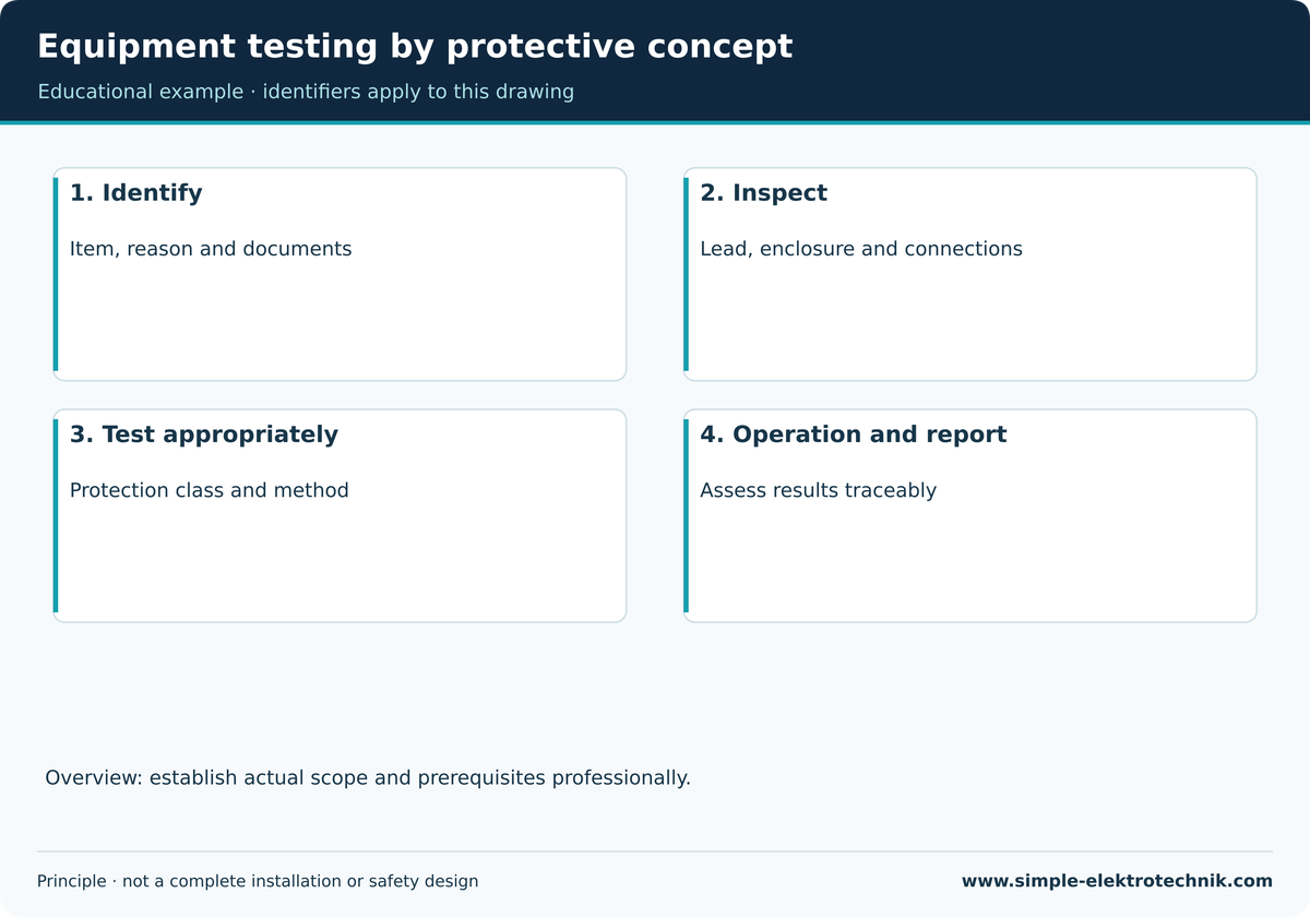 Equipment testing by protective concept Equipment testing is a distinct scope, not a universal sequence or limit table.
