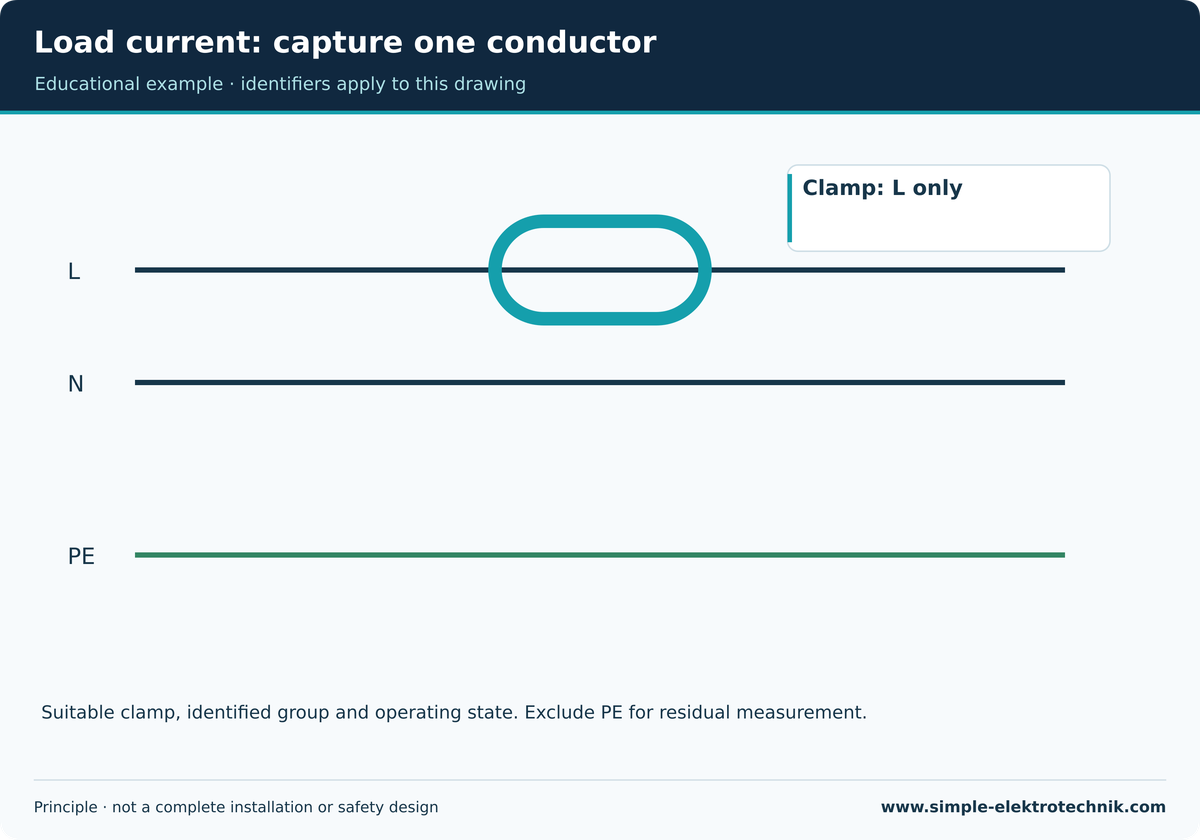 Load current: capture one conductor The suitable clamp captures L alone here; this is not residual current measurement.